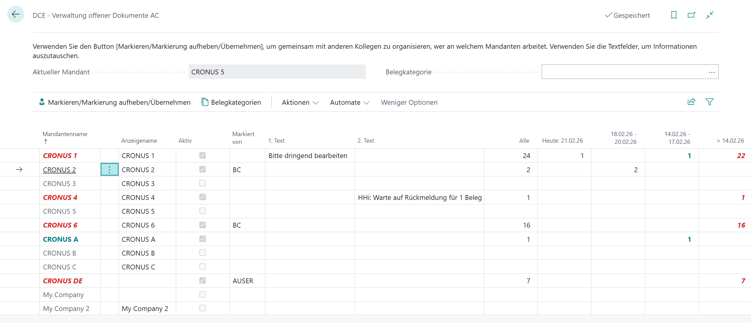 Seite 'DCE - Verwaltung geöffneter Dokumente AC'