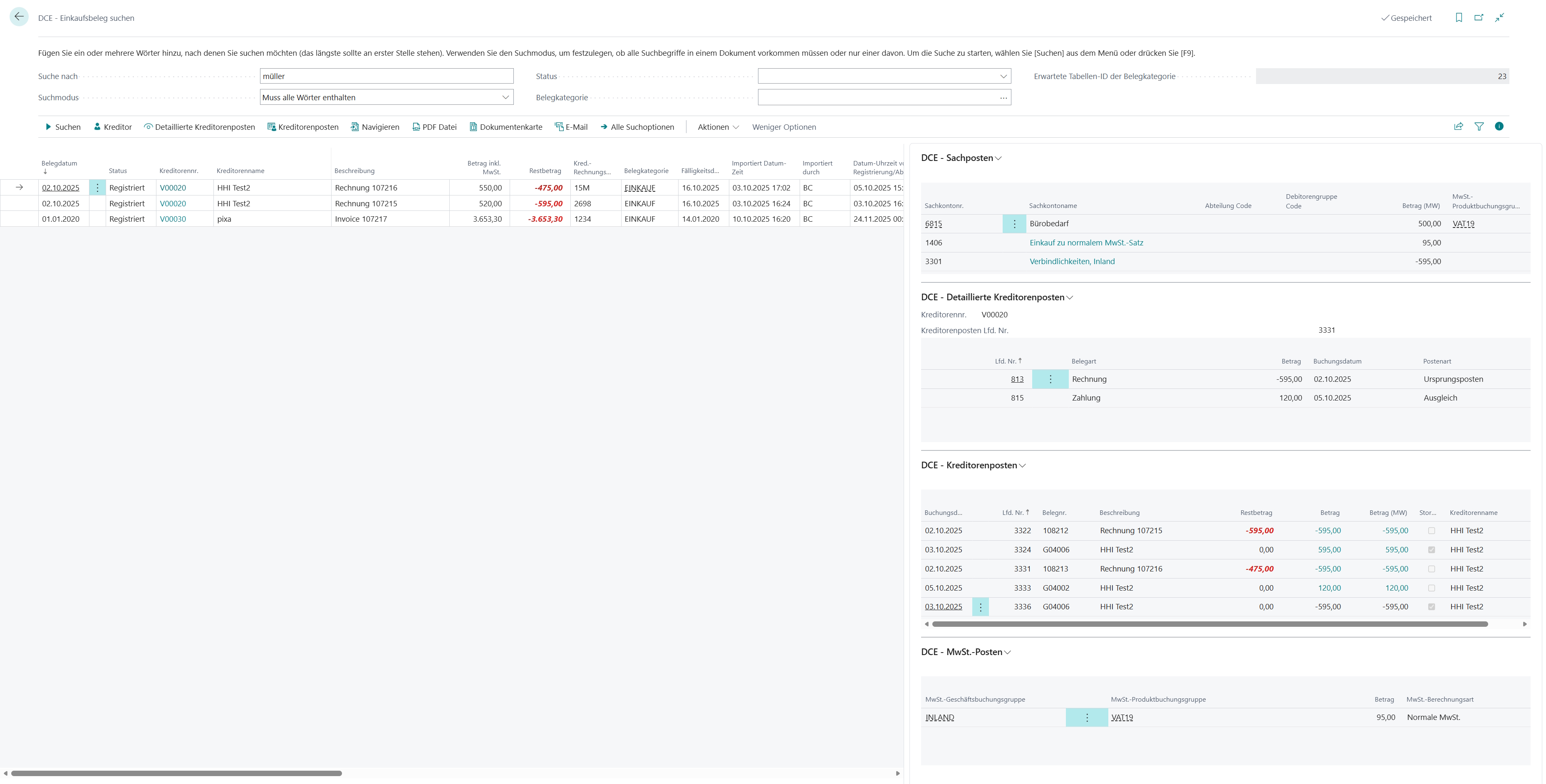 Seite 'DCE - Einkaufsbeleg suchen'