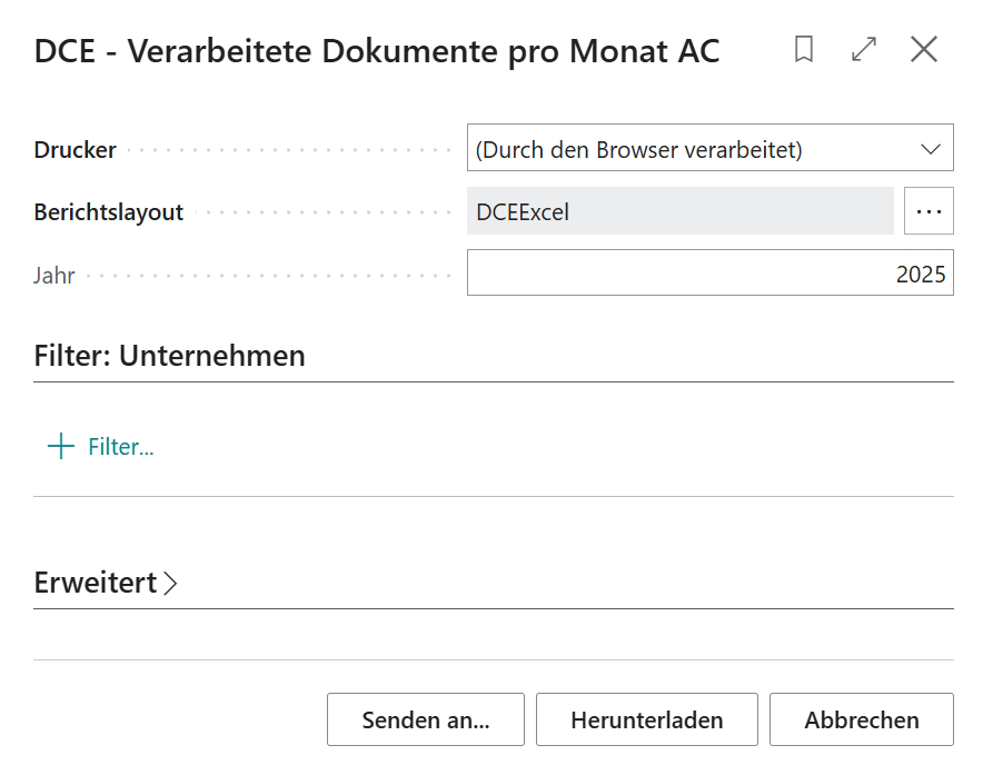 Anforderungsseite von dem Bericht 'DCE - Verarbeitete Dokumente pro Monat AC'